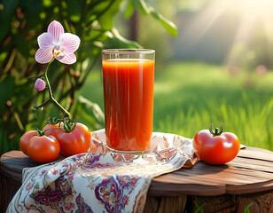 This image captures the essence of a sunny garden morning with a glass of freshly squeezed tomato juice, bathed in warm light. Three plump tomatoes, some playfully upside down and others leaning sidew
