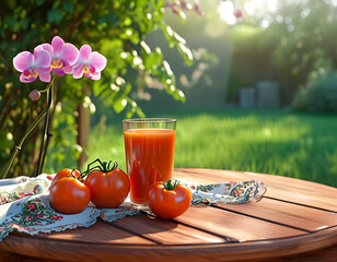 This image captures the essence of a sunny garden morning with a glass of freshly squeezed tomato juice, bathed in warm light. Three plump tomatoes, some playfully upside down and others leaning sidew