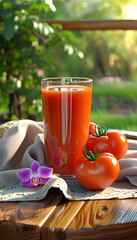 This image captures the essence of a sunny garden morning with a glass of freshly squeezed tomato juice, bathed in warm light. Three plump tomatoes, some playfully upside down and others leaning sidew
