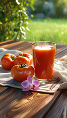 This image captures the essence of a sunny garden morning with a glass of freshly squeezed tomato juice, bathed in warm light. Three plump tomatoes, some playfully upside down and others leaning sidew