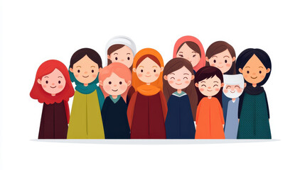 Obraz premium A vibrant postcard showcasing women from diverse backgrounds, celebrating unity and culture through modern cartoon art.
