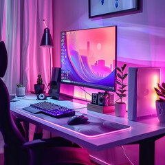 computer desk setup workspace monitor keyboard mouse rgb lighting gaming office technology modern furniture screen display home office ergonomic chair productivity 