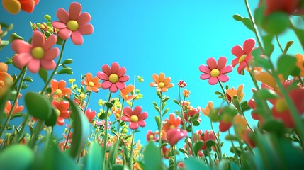 Vibrant animated flowers in full bloom under a clear blue sky, showcasing the beauty and vivid colors of a sunny day in nature.