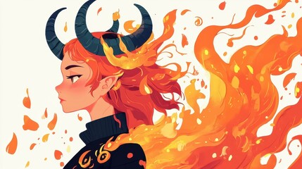 A fierce anime woman with striking horns is engulfed in flames, creating a dynamic and captivating illustration.