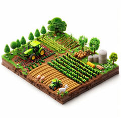 farm agriculture tractor crops harvest field plants trees vegetables greenery farming equipment barns rural landscape soil cultivation food production farmland 
