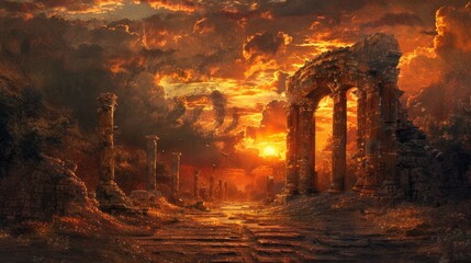 Ancient ruins stand tall against a fiery sunset, casting long shadows across a desolate landscape.