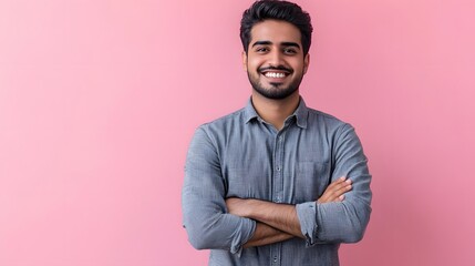 Smiling Young Man with Arms Crossed Against a Pink Background