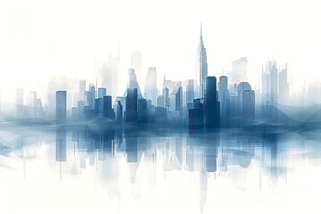 A stylized city skyline with reflections in blue tones.