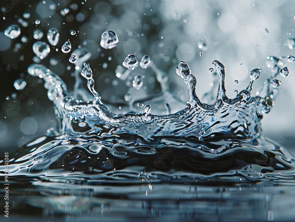 Poster close-up of a water drop splashing and creating a crown-like spray, with a blurred background.