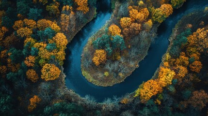 High-resolution drone image of a meandering river through autumn forest, vibrant colors, 50 keywords