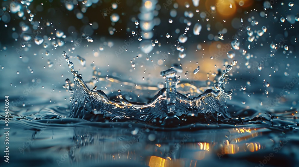 Aufkleber close-up of water droplets splashing and creating a crown-like wave. the background is blurred and h