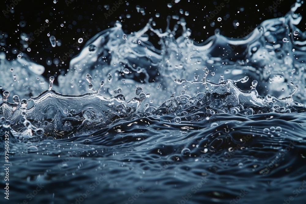 Poster close-up of water splashing and creating a wave-like pattern against a black background.