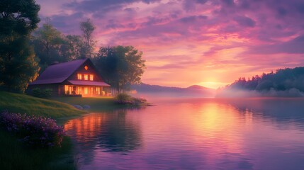 Fototapeta premium Scenic view of a house by a serene lake, under a pink and purple sunset, calm water mirroring the colors of the sky, a reflective and peaceful mood, soft, warm light casting a gentle glow, realistic