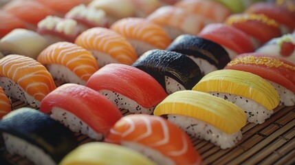 Hyper-realistic close-up of a colorful sushi platter, each piece distinct, bamboo mat