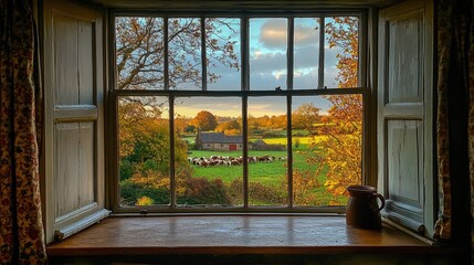 A rustic window view of a countryside farm with cows grazing in a field, surrounded by autumn trees and a clear blue sky.