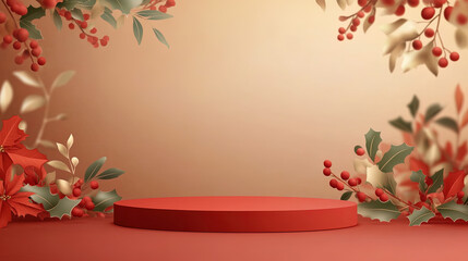 A podium in the vibes of Christmas, decorated with mistletoe and holly, background for e-commerce merchandise presentation