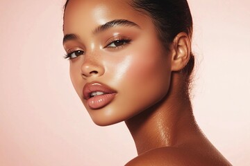 model with soft baddie glam, showcasing perfectly arched brows, long fluttery lashes, a smooth contour, and a soft mauve lip