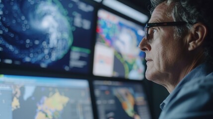 An emergency manager watching the weather radar on a large screen, with a worried expression, as they anticipate a major storm.