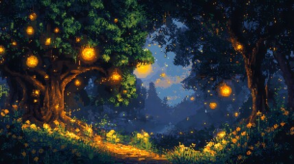 Pixel art landscape featuring a lush, enchanted forest with pixelated fairytale creatures, a soft, glowing moonlight filtering through the trees, warm, magical lighting, retro 16-bit style with