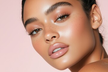 Obraz premium model with soft baddie glam, showcasing perfectly arched brows, long fluttery lashes, a smooth contour, and a soft mauve lip