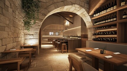 Obraz premium A rustic, modern restaurant with a stone archway, wooden tables and chairs, and a wine rack.