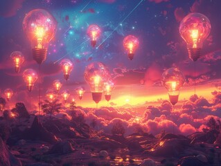 Obraz premium Glowing lightbulbs float in a dreamy sky, illuminated by a vibrant sunset and a trail of stardust.