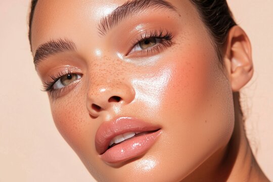 model with soft baddie glam, showcasing perfectly arched brows, long fluttery lashes, a smooth contour, and a soft mauve lip