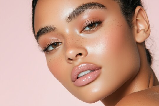 model with soft baddie glam, showcasing perfectly arched brows, long fluttery lashes, a smooth contour, and a soft mauve lip