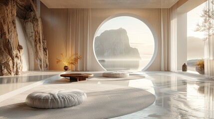 Minimalist zen room with a large circular window overlooking a tranquil lake and mountain.  The...