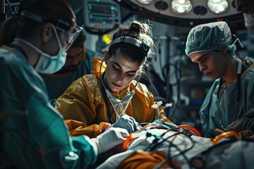 An emergency room doctor performing a life-saving procedure under pressure, with a focused and intense expression, surrounded by medical staff.