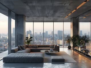 Modern living room with large windows showcasing a panoramic city skyline.  The room features a large sectional sofa, coffee table, and plants.