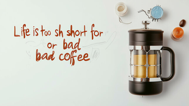 A French press coffee maker with a hand-written quote that says “Life is too short to drink bad coffee” on a clean white background, conveying a simple yet inspiring atmosphere.
