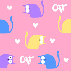 Seamless pattern with cute colorful Cats. Funny pet charactes Hand drawn vector illustration. Good for fabric, textile