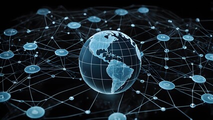 Image of financial data processing and globe with connections over black background