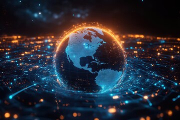 Obraz premium holographic globe projection focusing on north america floating in a hightech environment glowing blue data streams and network connections emphasize global connectivity