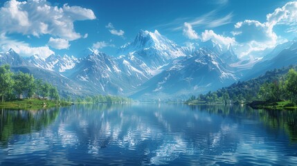 Serene mountain lake reflecting the majestic snow-capped peaks and a clear blue sky.
