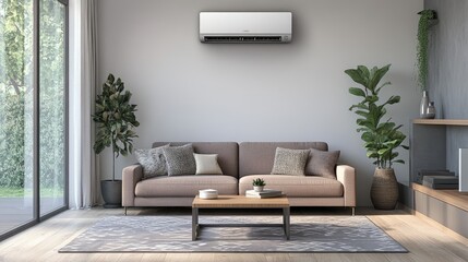 Cozy living room with a dual-output AC splitter, providing efficient cooling to separate areas.