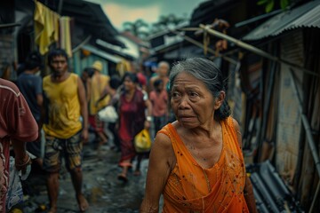 A community leader guiding residents during an emergency evacuation, their face showing a blend of authority and compassion as they maintain order.