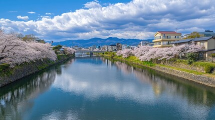 Obraz premium A serene river scene with vibrant cherry blossoms in bloom lining the banks, creating a picturesque landscape with blue skies and fluffy white clouds.