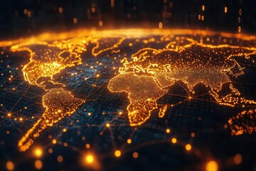 Fototapeta premium interconnected glowing nodes forming global network trailing light paths across world map dynamic data flows visualized