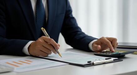 Businessman Calculating and Signing a Document