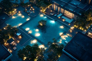 Nighttime aerial view of a luxury hotel and its softly lit infinity pool.