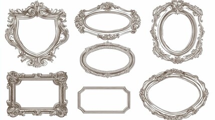 A set of ornate, silver frames isolated on a white background.