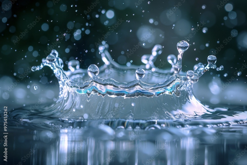 Aufkleber water drop creates a crown-shaped splash on a dark background with bokeh effect.
