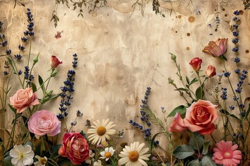 Vintage floral border with roses, daisies, and lavender on a textured background.