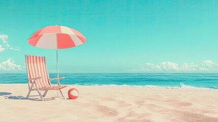 A single lounge chair with a red and white striped beach umbrella and beach ball on a sandy beach with blue sky and ocean.