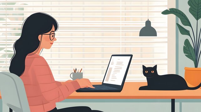 Woman Working at a Desk with a Cat Beside Her