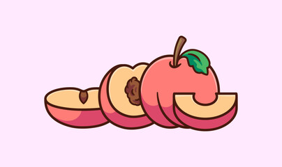 Vibrant Cartoon Illustration of a Juicy Peach and Its Slices on a Soft Pink Background