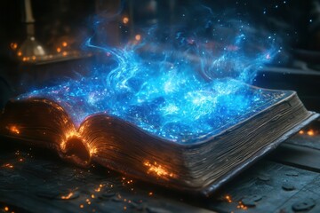 magical book with glowing pages emitting swirling wisps of colorful energy fantasy illustrations come to life floating around an ornate leatherbound tome