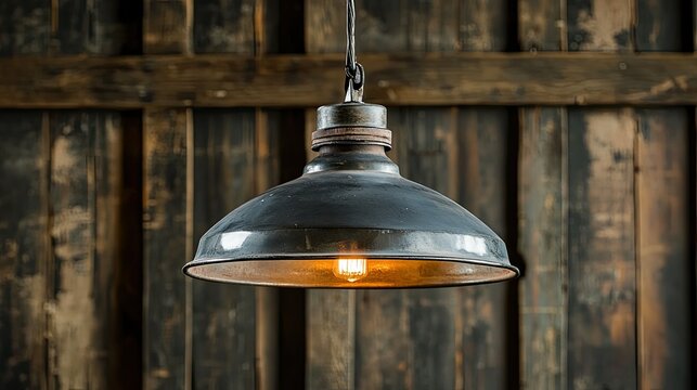 A single vintage-style pendant light fixture hangs from a wooden ceiling, casting a warm glow.